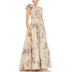 Mac Duggal One Shoulder Beaded Lace Gown Mocha Size 6 NWT 67960 MOB Sequin Dress